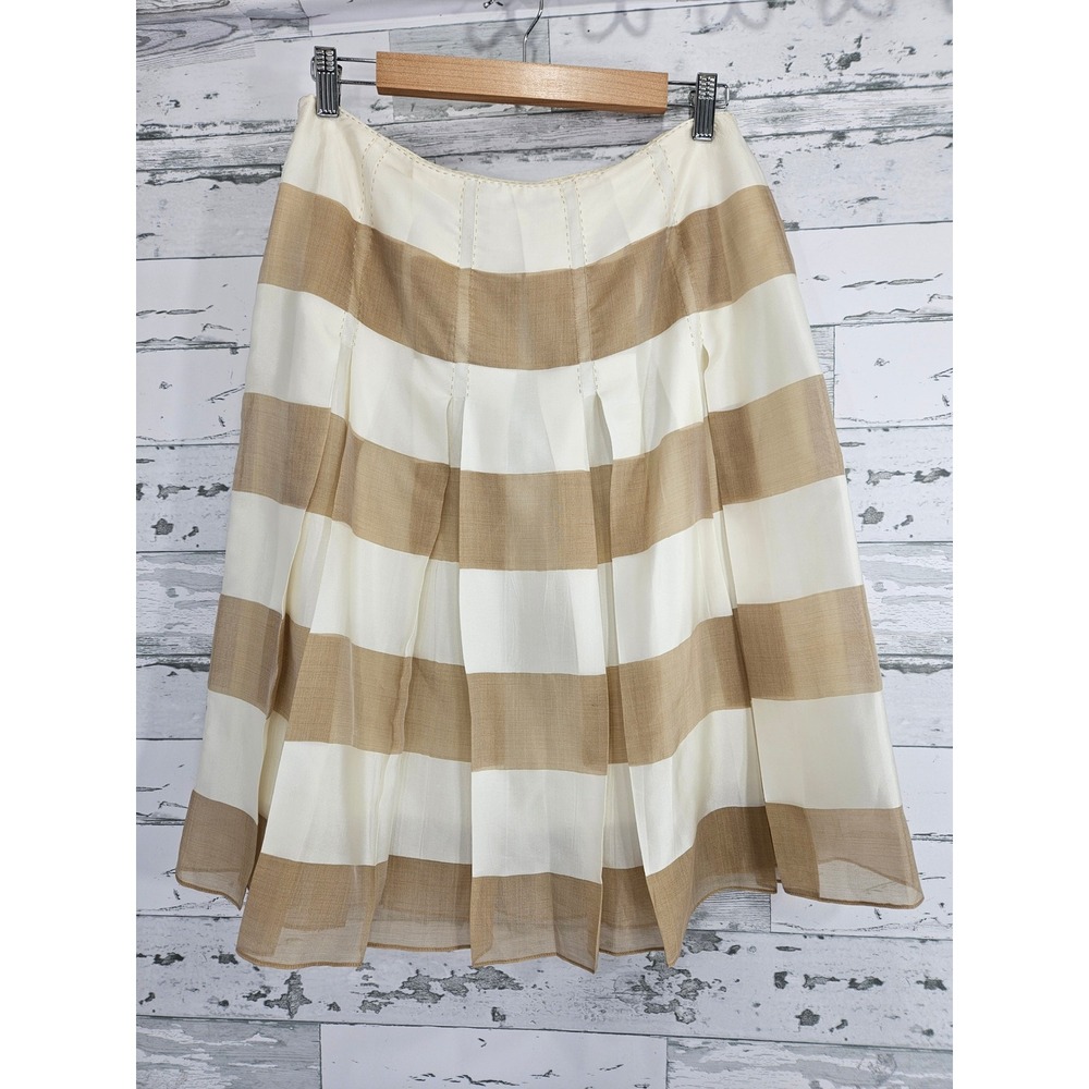 Carlisle Silk Blend Striped Pleated Midi Skirt Tan Cream Size 8